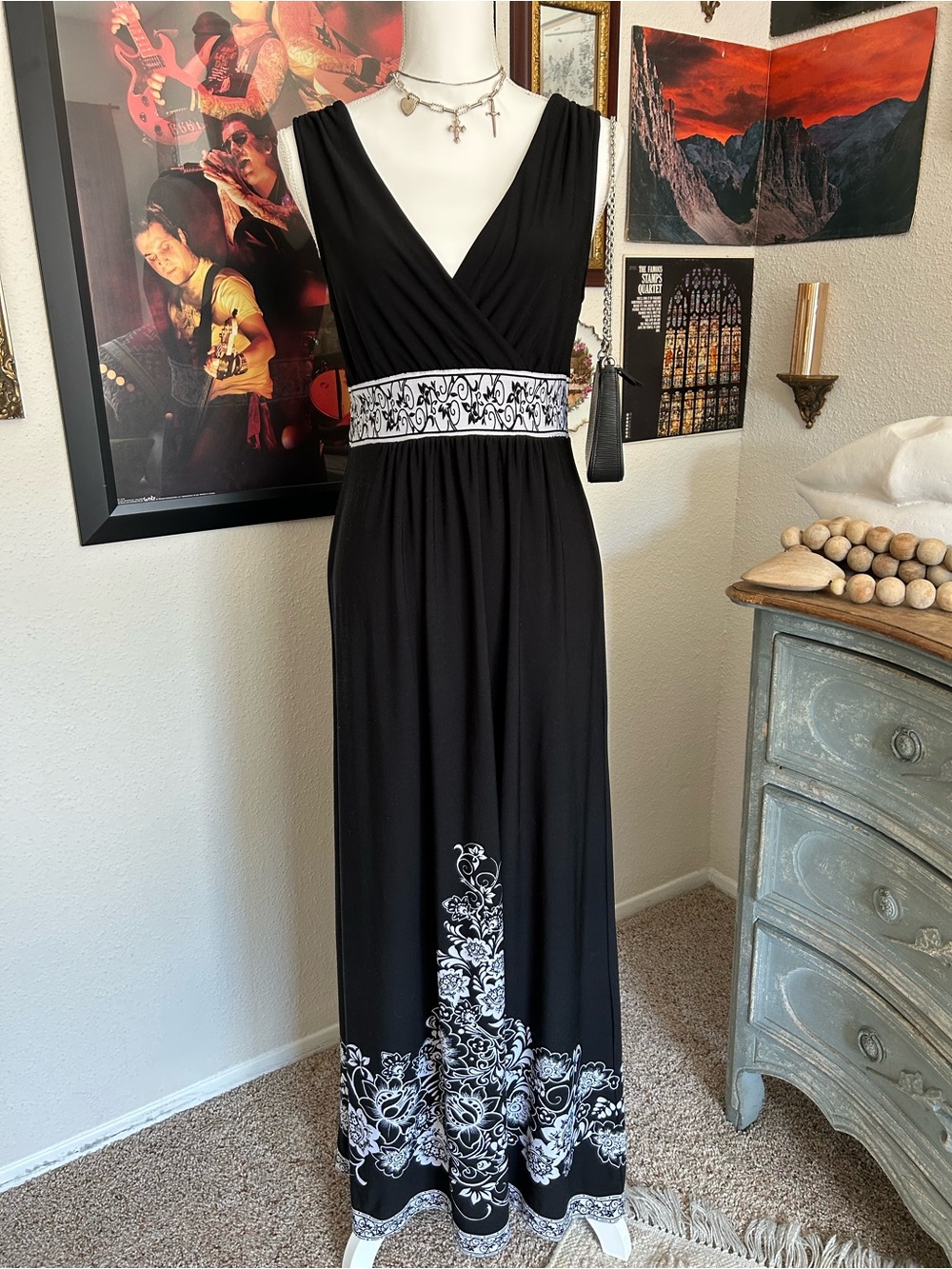 Y2K Whimsigoth Maxi Wrap Dress Size Small Goth Floral Empire Waist 90s Romantic